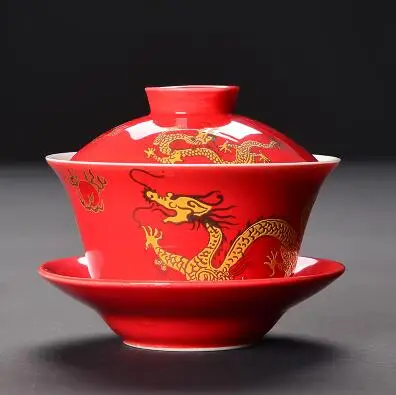 Керамический красный/белый/желтый дракон Gaiwan чайный сервиз фарфоровая чашка кунг-фу чайная чашка ручной окрашенный чайный чаша красивый чайник - Цвет: 02