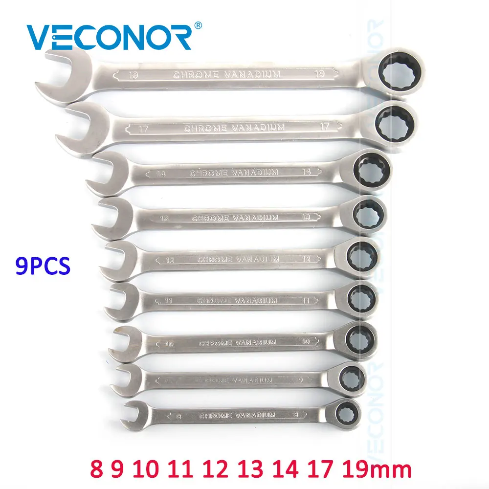 VECONOR 9 pieces combination ratchet wrench set ratcheting key wrench spanner 72 teeth 8, 9, 10, 11, 12, 13, 14, 17, 19mm