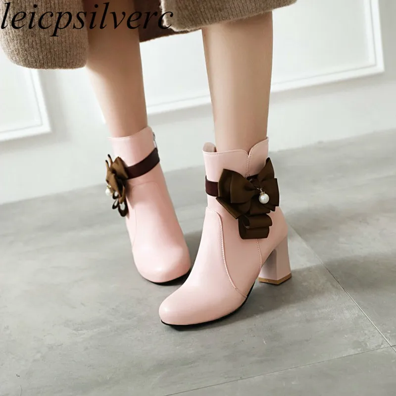 

Women Boots Autumn Winter High Heel Zip Round Toe Ankle Simple and Versatile Mixed-colors Booties 2019 New Sexy Fashion White