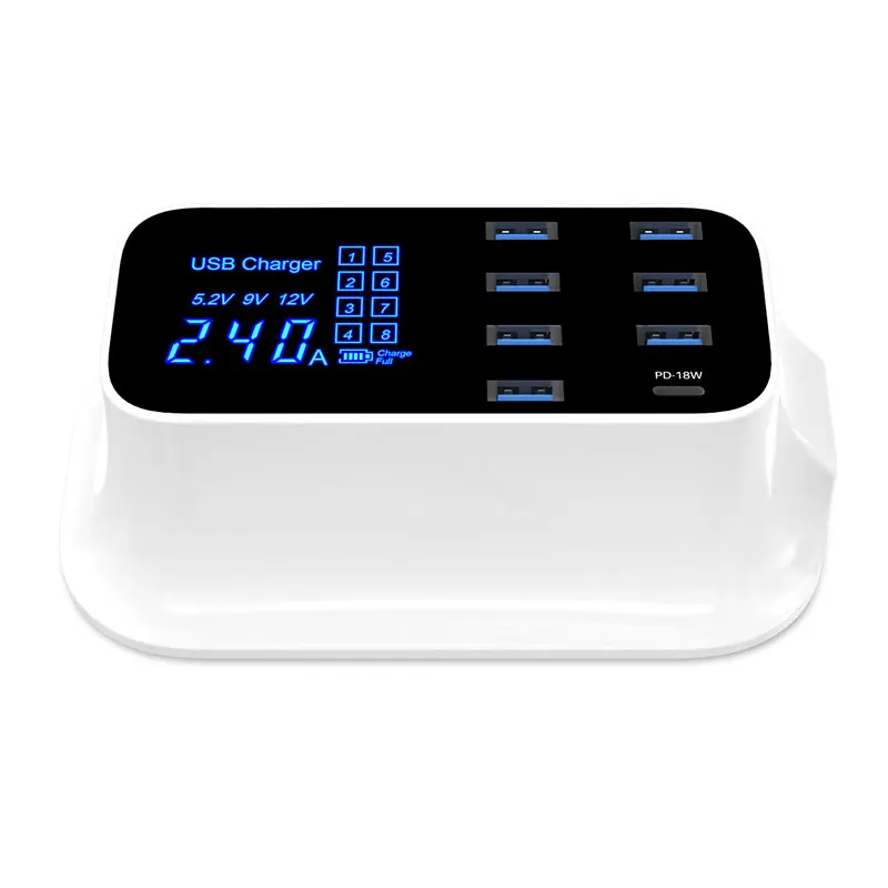 Hot shell New quick charger 8 USB interface wireless fast charge smart HD Digital Fast Charger multitool with type C 18W