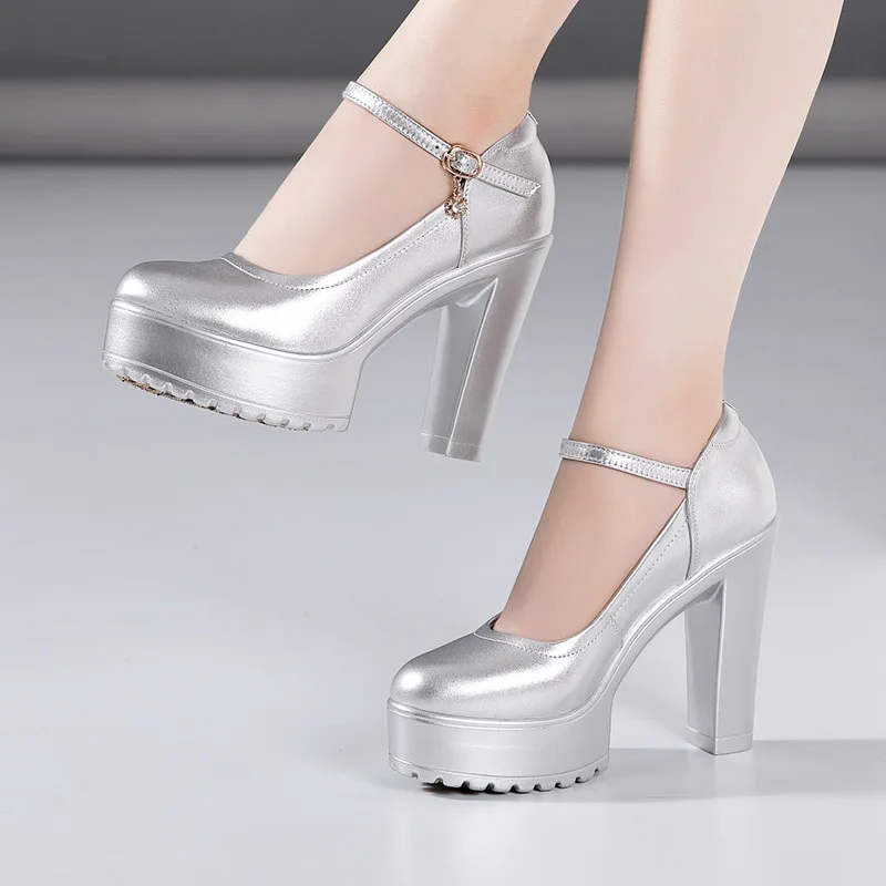 Cowhide Women's High Heel Shoes With Heels Platform Mary Jane Shoes Women Pumps Office Work Shoe Women's Wedding Shoes 32-43 2