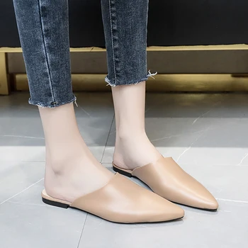 

2020 Women Slipper Fashion Mules For Women PU Leather Pointed Toe Slip On Flip Flops Summer Sandals Women's Shoes zapatos mujer