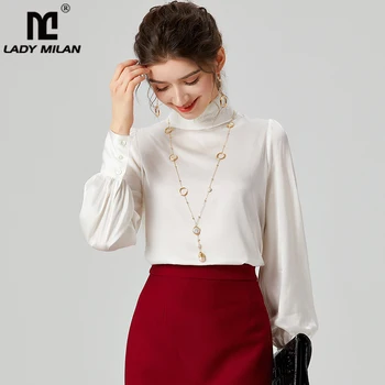 

100% Heavy Silk Satin Shirt Stand Embroidery Collar Long Lantern Sleeves Back Buttons Fashion Autumn Blouse Tops