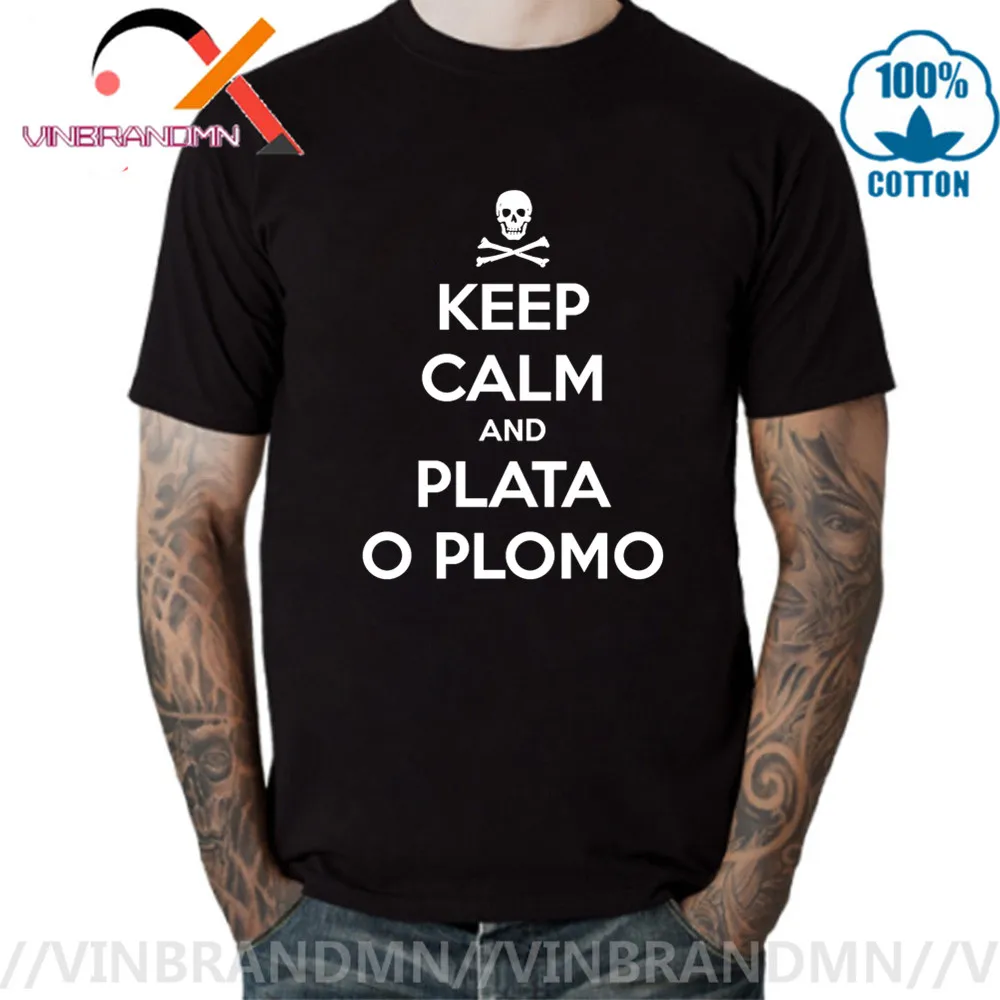 Футболка с надписью Keep calm and Plata O Plomo мужская рубашка принтом футболка