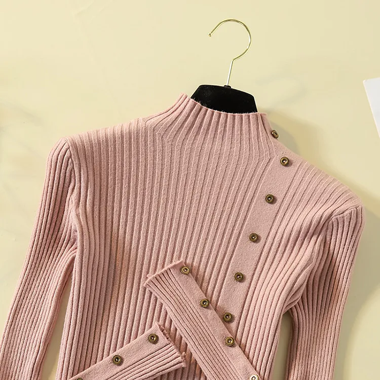 Fashion Turtleneck Sweater Women Long Sleeve Button Decoration Slim Women Pullover Sweater 2019 Autumn Winter Female Jumpers (31)