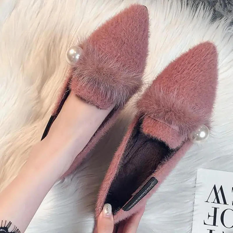 

Ballet Flats Women Real Fur Shoes Winter Warm Furry Loafers Slip On Plush Leopard Large Size Moccasins Square Toe Lady Footwear