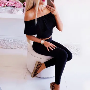 

Sexy 2 Piece Sets Women Off Shoulder Ruffles Short Sleeve Strapless Solid Crop Top+Elastic Waist Slim Pencil Pant Female Outfits