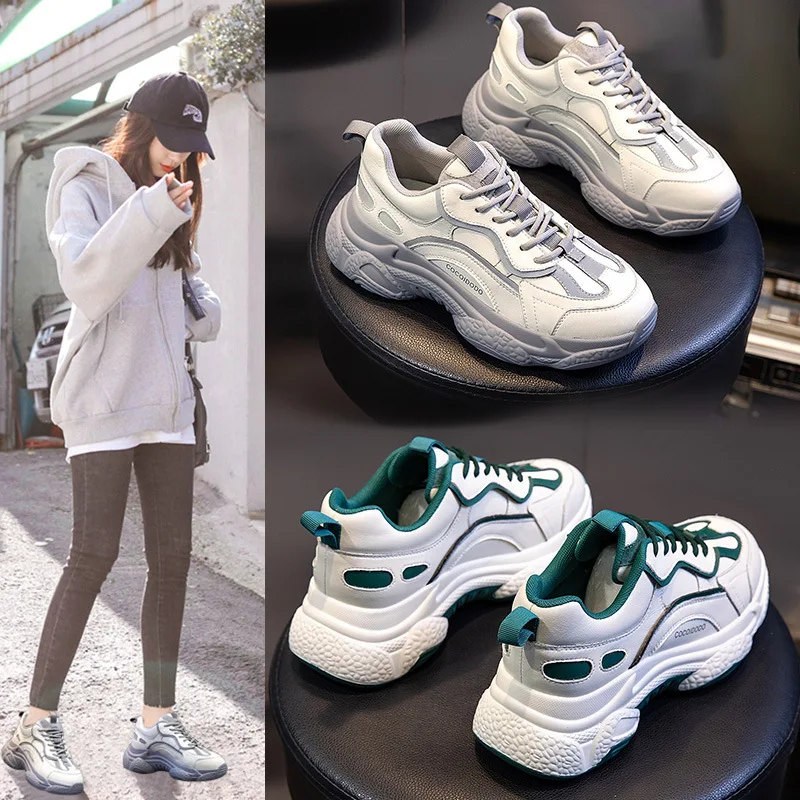 

Genuine Leather Women's Shoes 2020 Season Leisure Time Motion Dad Shoes Woman Thick Bottom Shallow Mouth Shoes Woman Sneakers