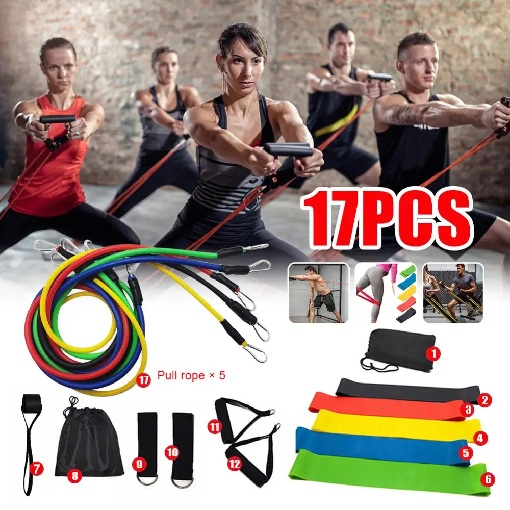 

17pcs Fitness Resistance Bands Set 100LB Multi-Function Sports Rally Set Elastic Rope Carabiner Rally Device Fitness Equipment