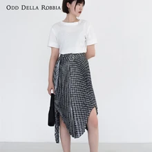 

OddDellaRobbia Spring Summer New Fashion Irregular Letters Shiny Pleated Design Cool Style Knee-Length Skirt Belt Women B5158
