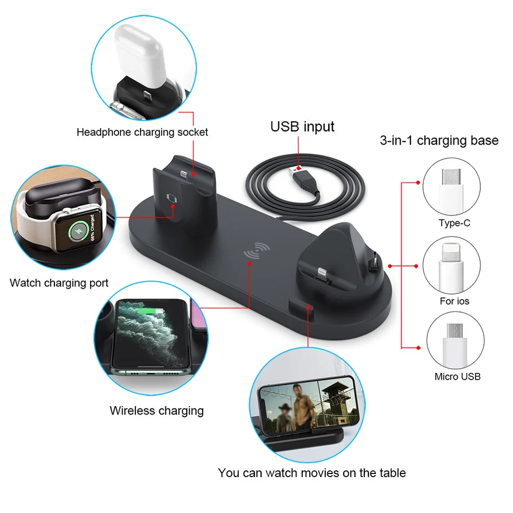 Suporte do Carregador sem Fio Almofada de Carregamento sem Fio para Apple 6 em 1 para Iphone Plus Max Ver 6 Airpods Samsung Xiaomi 8 11 12 Pro 6 pro max almofada de carregamento sem fio