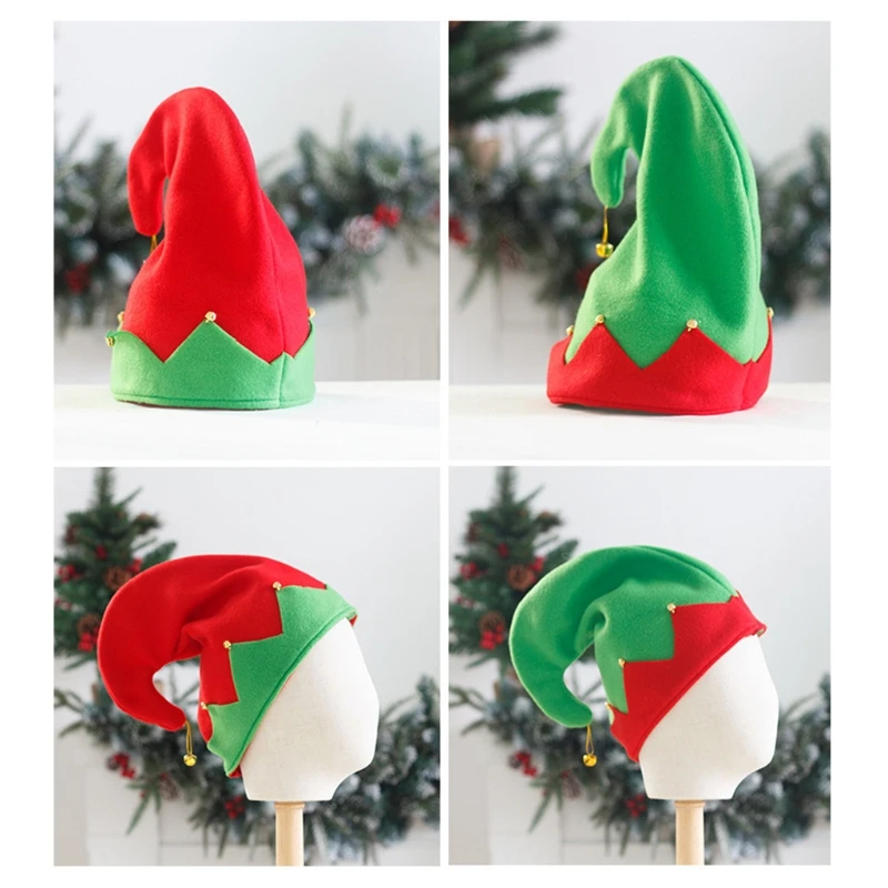 Elf Cap Plush Made with Metal Bell Decoration for Christmas Santa's Helper Hats Caps in Strongly Contrast Colors
