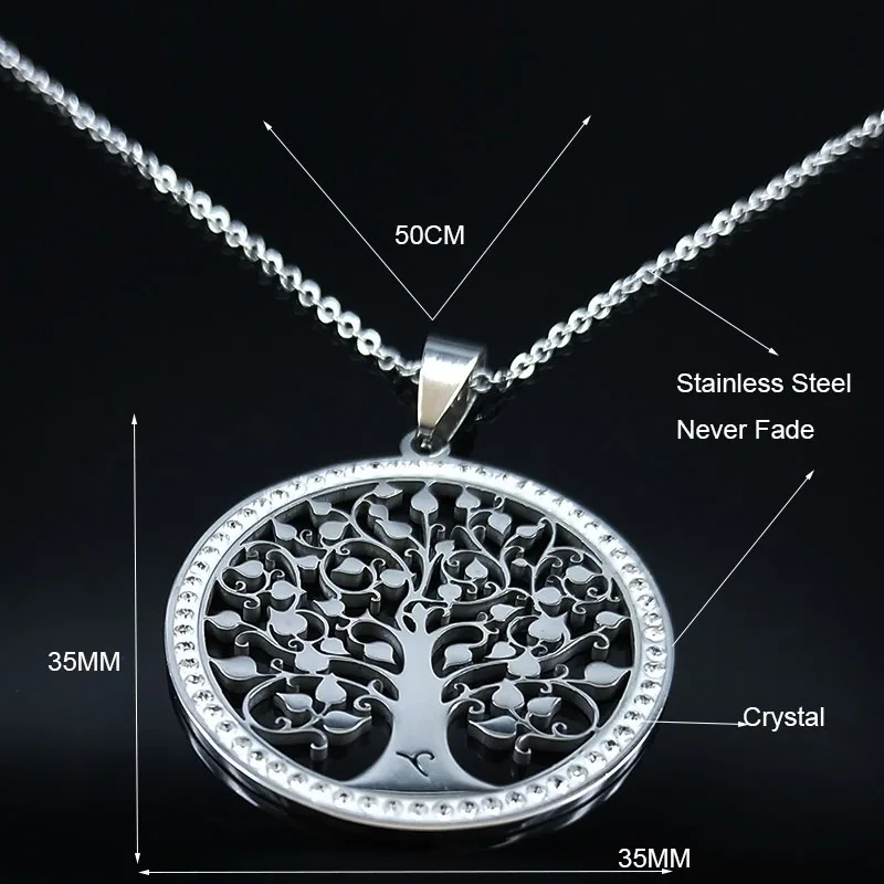 Tree of Life Crystal Stainless Steel Statement Necklace Women Silver Color Necklace Jewelry Christmas Gift collar mujer N19836