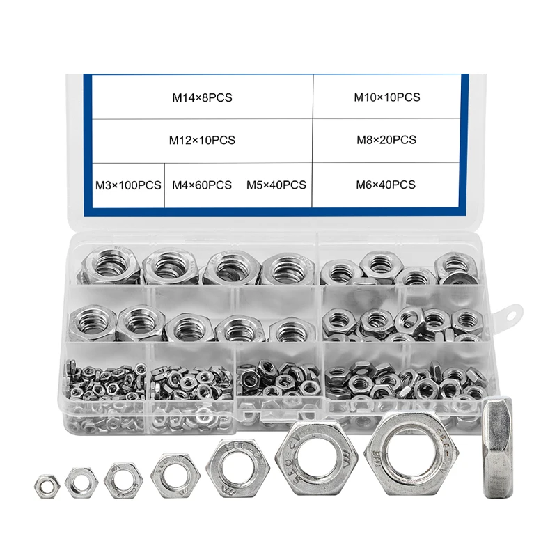 Набор тонких шестигранных гаек 288 шт. набор метрических из нержавеющей стали 304