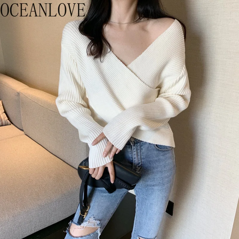 OCEANLOVE Criss-Cross Solid Sexy Pullovers Elegant Short Off Shoulder Women Sweaters Autumn Winter Sueter Mujer Fashion 13424 | Женская