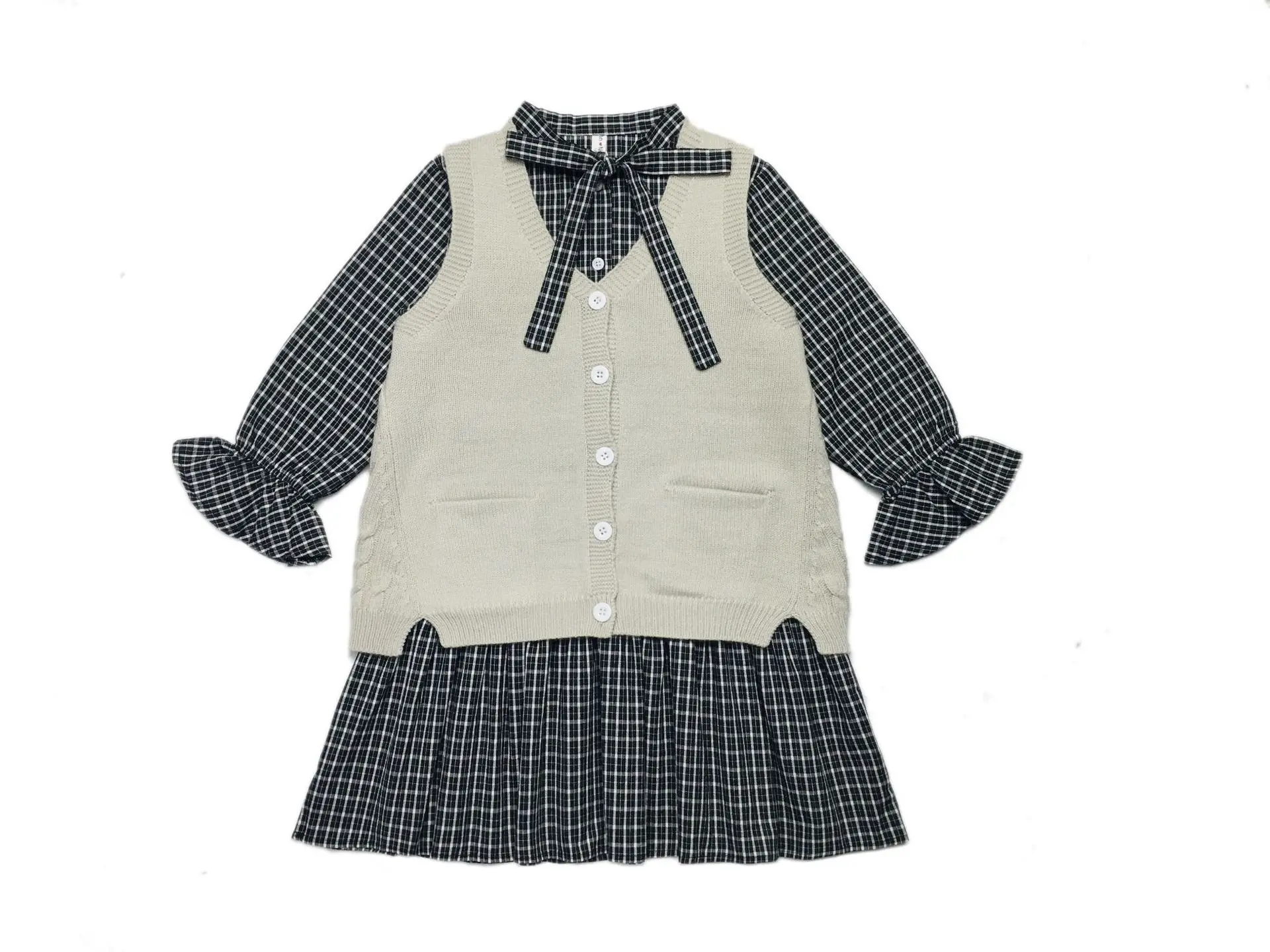 Girls Plaid Dresses and Knit Vest Two-piece Set Baby Girls Casual Clothing Set Kids New Autumn and Winter Clothing Set,#8116