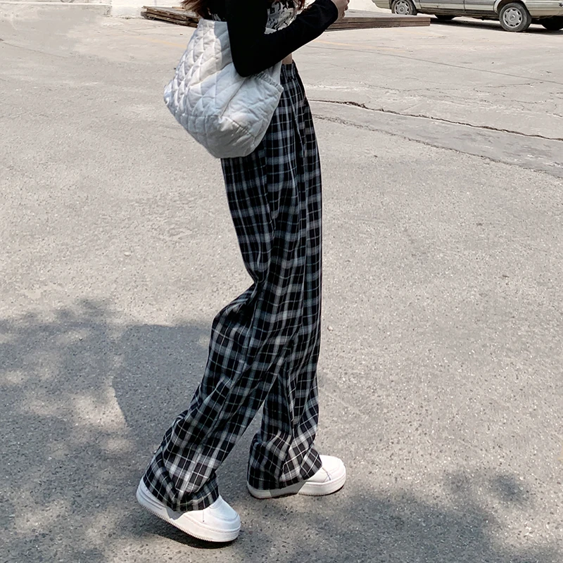 2021 Summer New Women Korean Fashion Y2k Baggy High Waist Plaid Pants With Elastic Band Wide Leg Lady Girls Boyfriend Trousers ksubi jeans