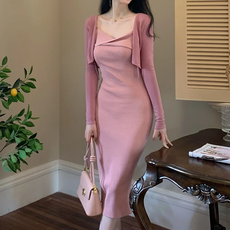 Sexy Elegant Pink Long Strap Dress Korean Two Pieces Cropped Top and Strap Dress Set Vintage Casual Party Y2K Dress Set 2021 New ethnic love embroidered jeans 2021 new women s elastic high waist cropped harem pants washed thin summer pants commuter