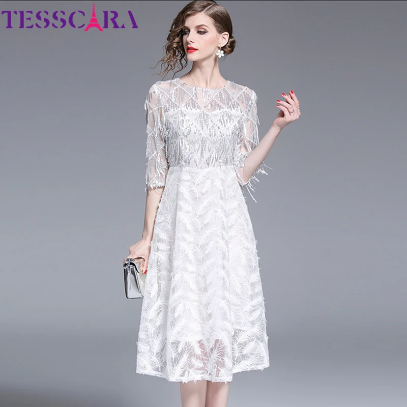 

TESSCARA Women Luxury Sequin Mesh Dress Festa Female High Quality Wedding Party Robe Femme Designer White Flower Girl Vestidos