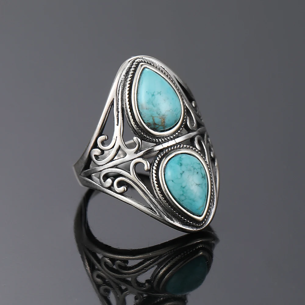 Vintage Natural Turquoise Bohemian Ring in S925 Silver Gemstone Jewelry Gift