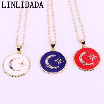

8Pcs Gold Filled Colorful CZ Micro Pave Moon with Enamel Round Pendant Necklaces for Women Jewelry