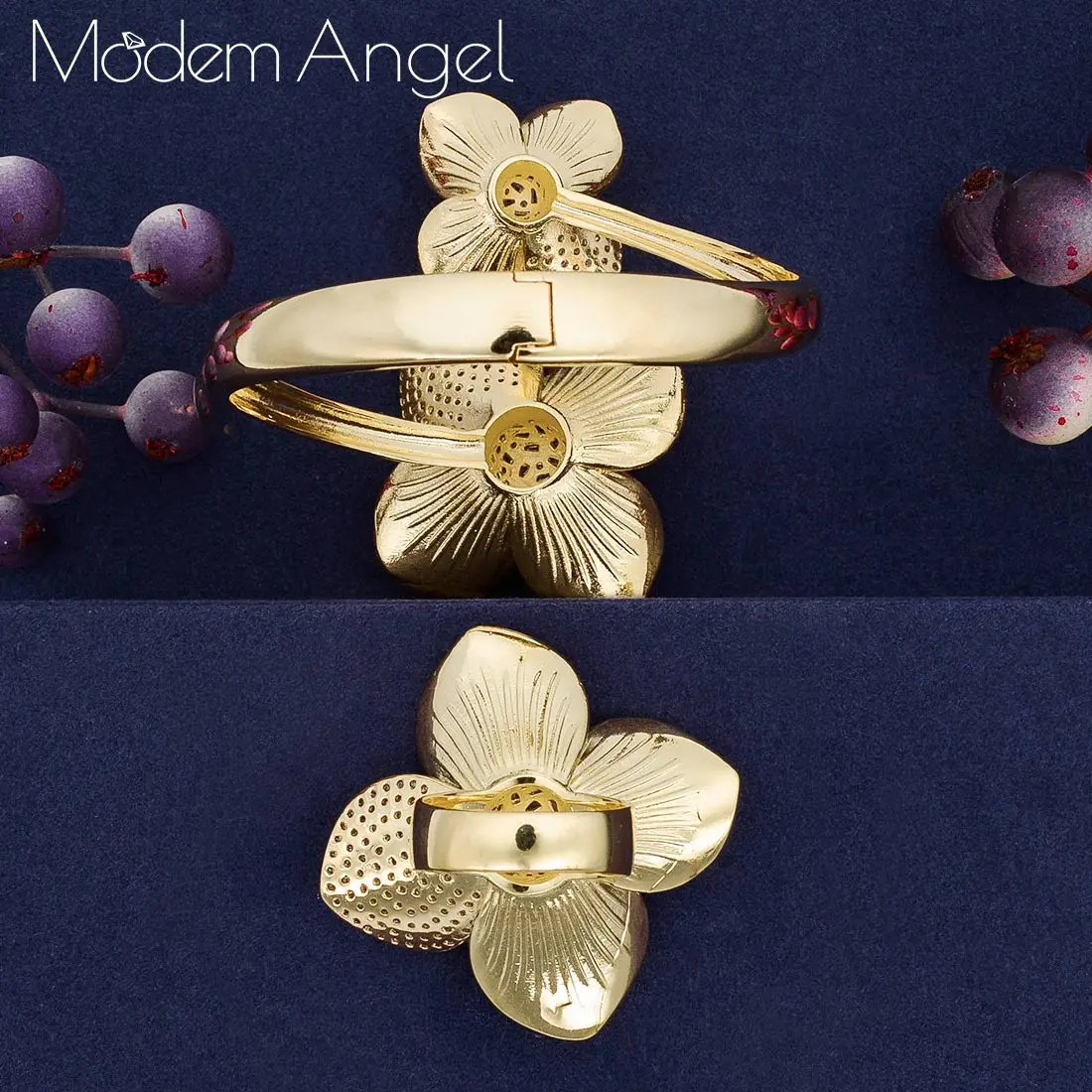ModemAngel роскошный 3 тон цветок Нигерия браслет кольцо набор украшений для женщин Свадебные с кубическим Цирконом Кристалл CZ Дубай Свадебные украшения