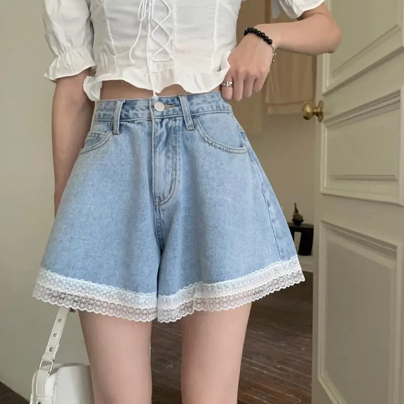 Women Summer Kawaii Sexy Blue Shorts 2021 Cute Girls Fashion All-Match Casual Solid Color Denim Lace Shorts yoga shorts