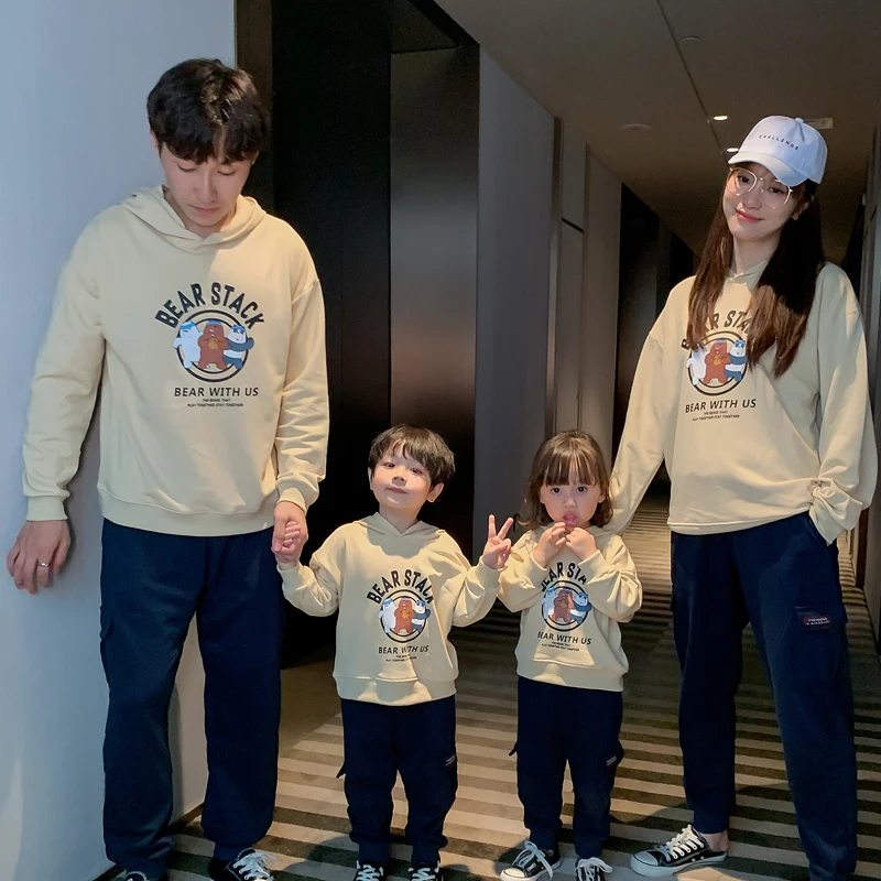 

Cartoon Hoodies for Mum and Me Pure Cotton Girls Boys Printed Pullovers Family Matchy Clothes Dad and Son Sports Coat Family Top