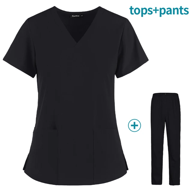 Hot Sales Nurse Uniform Women Short Sleeve Neck Tops Working Uniform Blouse Scrubs Workwear Nursing Women Scrubs Pants Elastic Black