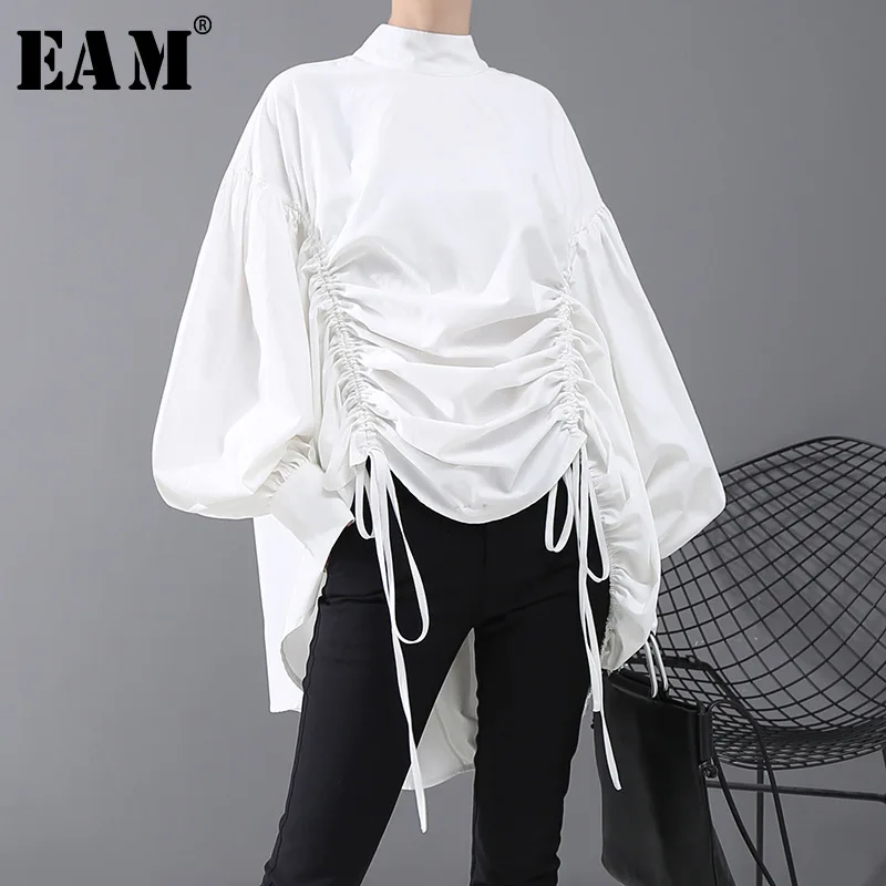  [EAM] Women Back Long Drawstring Big Size Blouse New Satnd Collar Long Sleeve Loose Fit Shirt Fashi