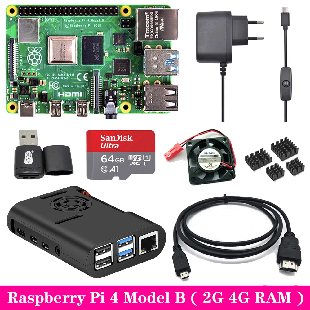 Preise Raspberry Pi 4 Modell B 2G 4G RAM + ABS Fall + Lüfter + Netzteil Ladegerät + aluminium Kühlkörper für Raspberry Pi 4 Modell B