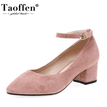 

TAOFFEN Women Pumps Flock Solid Color Ankle Strap Buckle Shoes Women Pointed Toe Square Heel Party Travel Footwear Size 30-43