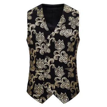 

Shiny Gold Floral Print Vest Men Double Breasted Slim Fit Sleeveless Waistcoat Male Club Party Prom Stage Gilet Costume Homme 2X