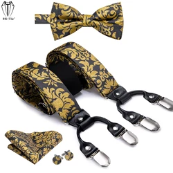 Hi-Tie Silk Jacquard Mens Suspenders Set Gold Flower 6 Clips Male Business Braces Bowtie Hanky Cufflinks Leather Y Back Straps