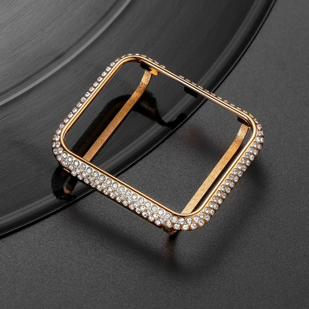 Rose Gold 24K настоящее золото Стразы хрусталь бриллиант защитный чехол для apple watch series 3 2 1 защитная рамка бампер Платиновое Покрытие чехол совместимый для apple watch 42 мм 38 мм женские мужские часы аксессуары - Цвет: Rose Gold