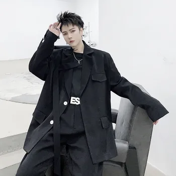 

New Men 2PCS Suits Sets Jacket+pant Male Japan Streetstyle Retro Fashion Casual Ribbon Blazer Coat Straight Trouser