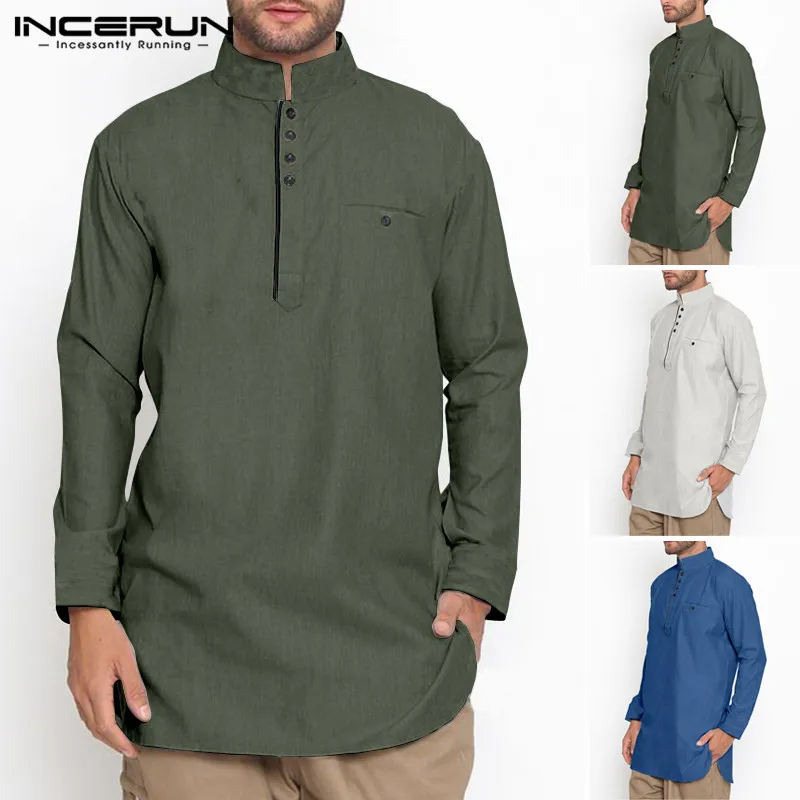 INCERUN Muslim Clothing Mens Shirt Stand Collar Long Sleeve Button Solid Vintage Cotton Long Shirts Men Indian Suit 2020 INCERUN Muslim Clothing Mens Shirt Stand Collar Long Sleeve Button Solid Vintage Cotton Long Shirts Men Indian Suit 2020