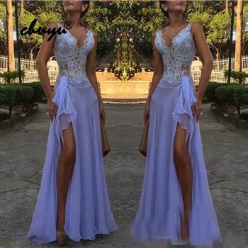 

Lilac Evening Dresses Deep-V Applique Lace High Slit Ruffles Chiffon Islamic Dubai Saudi Arabic Evening Gown Prom Dress