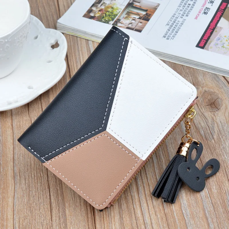 

New Patchwork Tassel Women Wallet Short Zipper Large Capacity Coin Purse Casual Brief Card Holder Pocket Fashion Clutch Bag