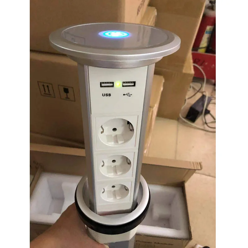 

One-key intelligent Motorized Pop up Power Socket With Power outlets+USB Charger Green light indicator+QI Wireless fast Charger