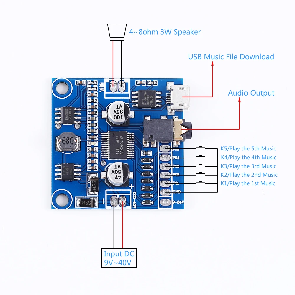 MP3 аудио цифровой усилитель мощности модуль 3W ttl низкий уровень управления 7 бит голосового воспроизведения