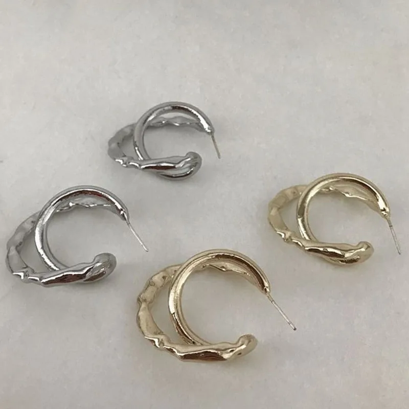 

Trendy Silver Gold Irregular Geometric Double Open Circle C Statement Stud Earrings for Women Girl Fashion Jewelry