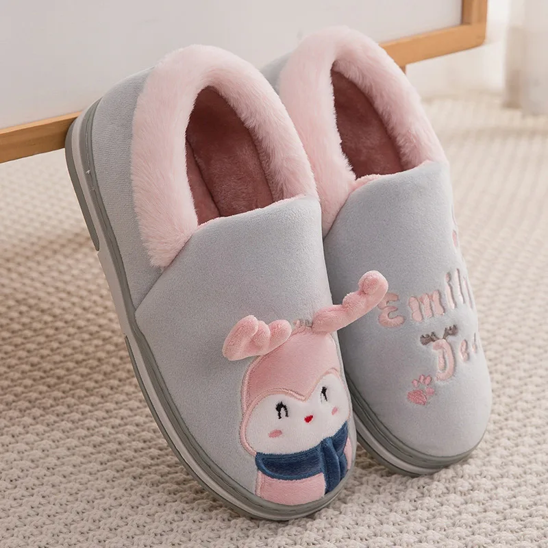 Women Home Flat Slippers Indoor Shoes Female Slip On Cute Cartoon Deer Furry Warm Ladies Christmas Woman Shoes Soft Footwear - Цвет: light green-1