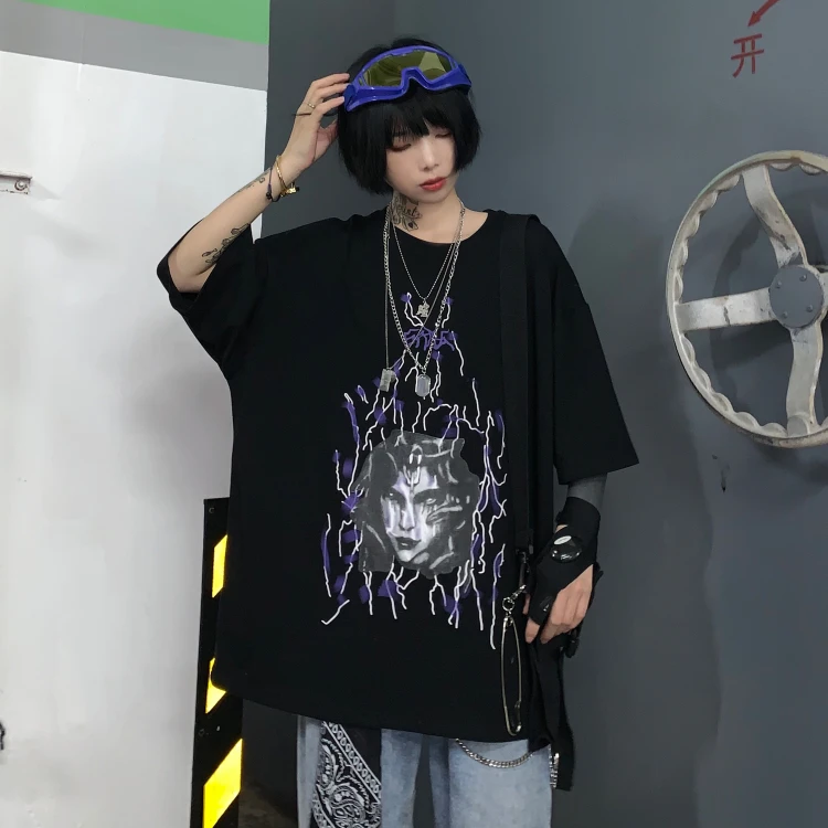 Harajuku Darkness, женские футболки, винтажные, с рисунком молнии, с круглым вырезом, с коротким рукавом, черные, повседневные футболки, футболка с готическим рисунком, топы