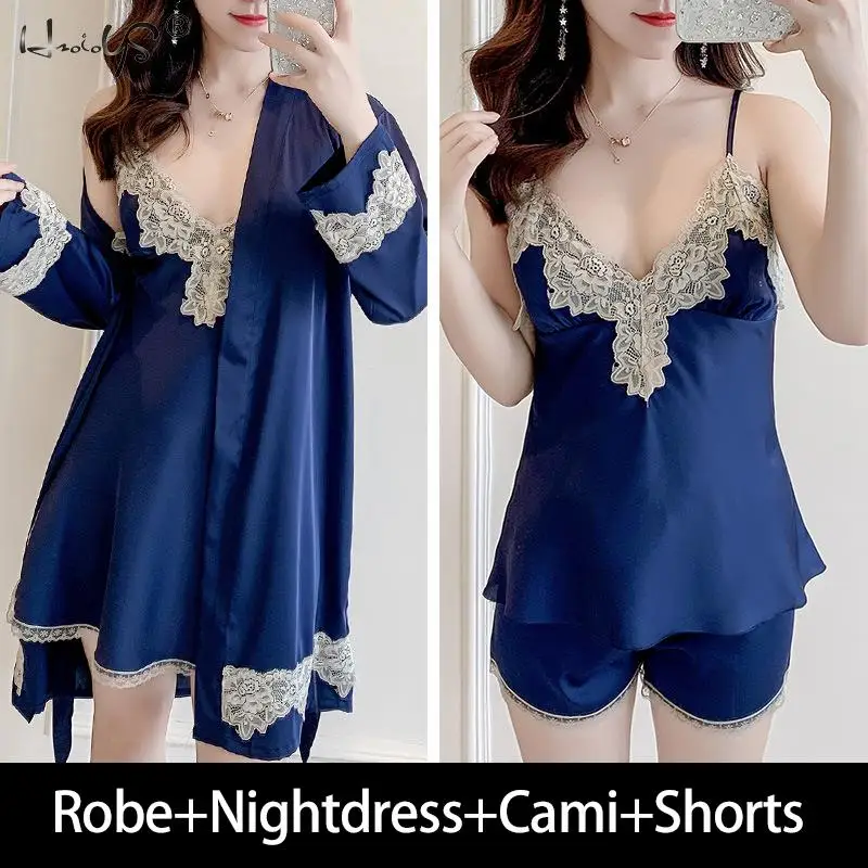 Женская пижама, шелковая атласная пижама, сексуальное женское белье, кружевной халат, ночная рубашка, пижамный комплект, 1 и 5 штук, пижама, домашняя пижама - Цвет: 4PS Blue