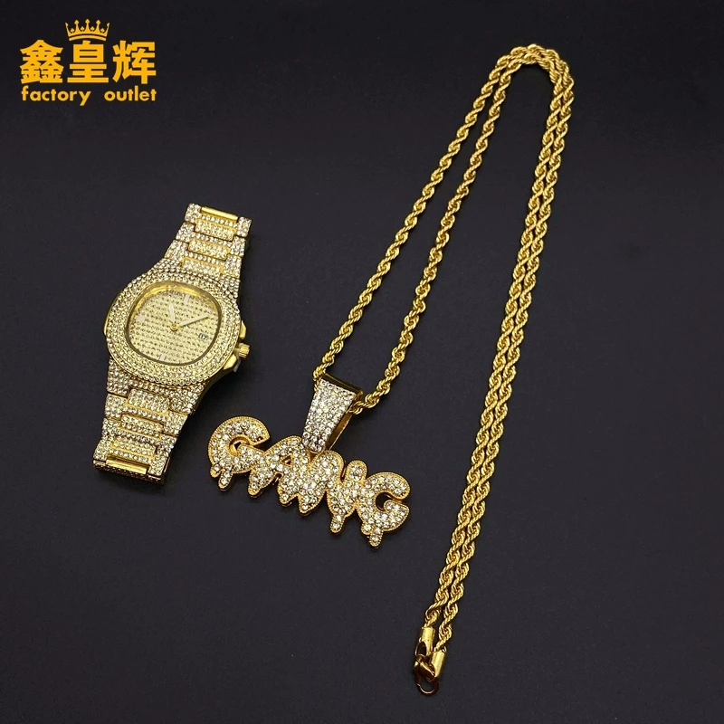 

Luxury hip hop watch and trend mix and match English words Necklace Pendant combination suit, Diamond Watch Necklace accessories