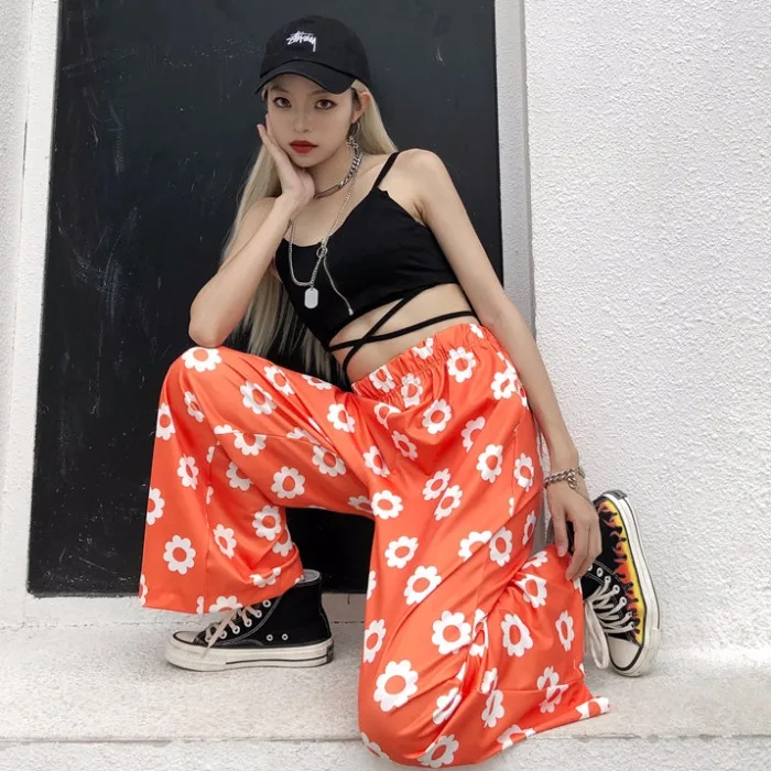 3 цвета Ромашки Цветочный Принт уличная Корейская Повседневная штаны Свободные прямые широкие брюки с высокой талией женские милые Femme Pantalon