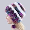 Hot Sale Winter Women Flowers Striped Natural Real Rex Rabbit Fur Hats Lady Warm Knit Genuine Fur Caps Russian Outdoor Fur Hats 2
