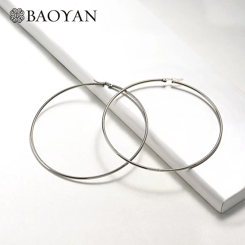 90mm Silver Baoyan круглые серьги-кольца простой: золото, серебро серьги-кольца из нержавеющей стали 15 мм-100 мм маленькие большие серьги-кольца для женщин - Окраска металла: 90mm Silver