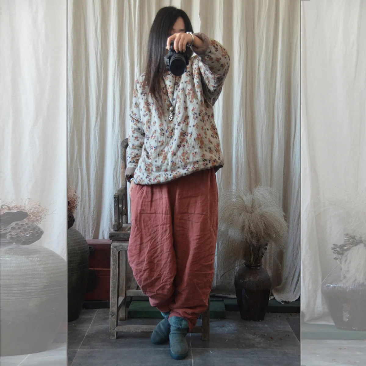 

That Year bu yu Origional Cotton Linen WOMEN'S Dress Crew Neck Small Floral Cotton-padded Jacket Casual Literature And Art Padde